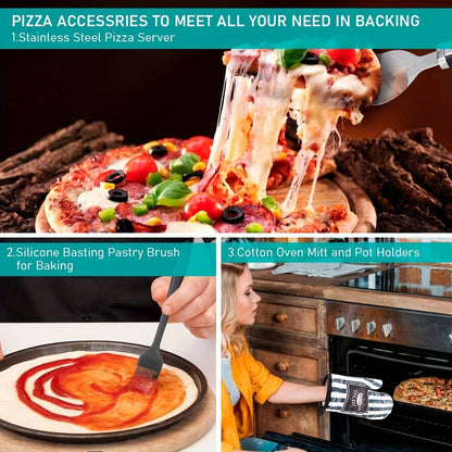 Seven-Piece Pizza Baking Set with Round Stone, Metal Peel, Rocker Cutter, Server, Brush and Gloves