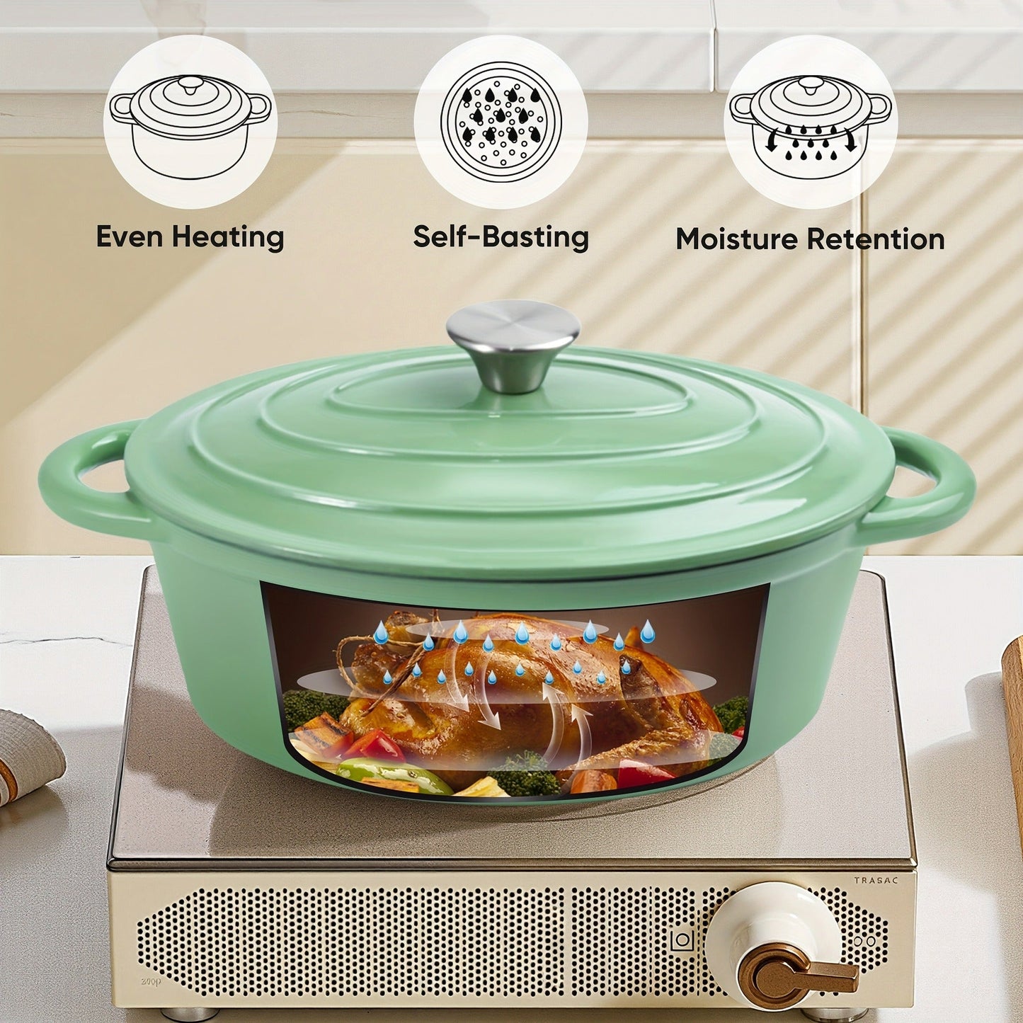 Dutch Oven Enameled Cast Iron 4.5QT with Lid & Dual Handles – Oval Non-Stick Enamel Coating for Bread Baking Soups Stews Braising | Stovetop to Oven Safe 500°F 5 Colors Available