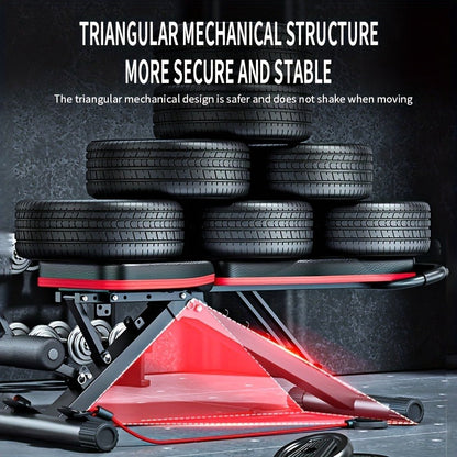 Foldable Adjustable Workout Bench with Black-and-Red Padding, Preacher Curl Pad, Leg Rollers and Resistance Bands