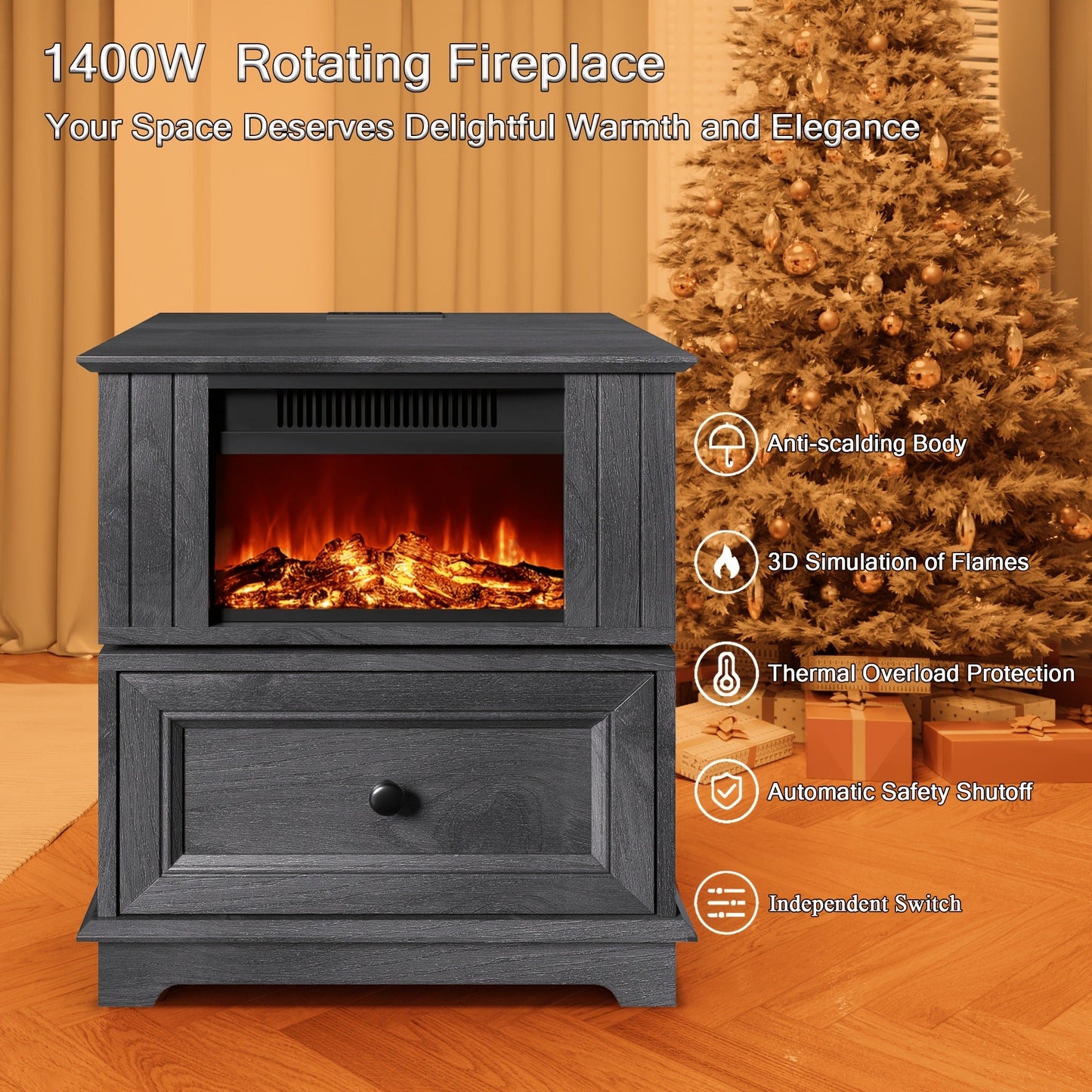 Electric Stove Heater End Table Rotatable Fireplace Side Table 1400W 4800 BTU Indoor Heater with Storage Cabinet Nightstand Overheat Protection