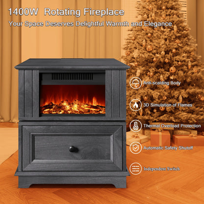 Electric Stove Heater End Table Rotatable Fireplace Side Table 1400W 4800 BTU Indoor Heater with Storage Cabinet Nightstand Overheat Protection