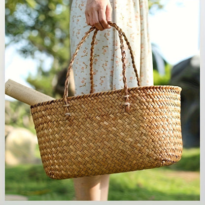 Straw Picnic Basket with Long Handles – Large Hand-Woven Vintage Shopping Basket for Beach, Outdoor Picnics & Rustic Home Decor Storage