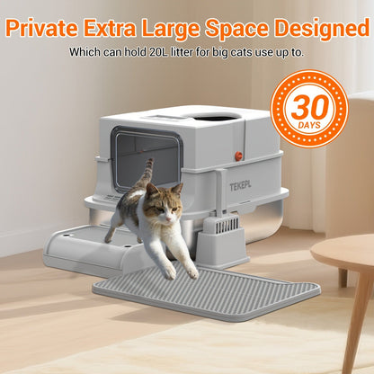 Stainless Steel Cat Litter Box with Lid - Extra Large 68L Enclosed & Semi-Open Modular System, 304 Steel Non-Stick Easy Clean, Charcoal Filter, Litter Mat & Scoop Included, Indoor XL Pet Toilet