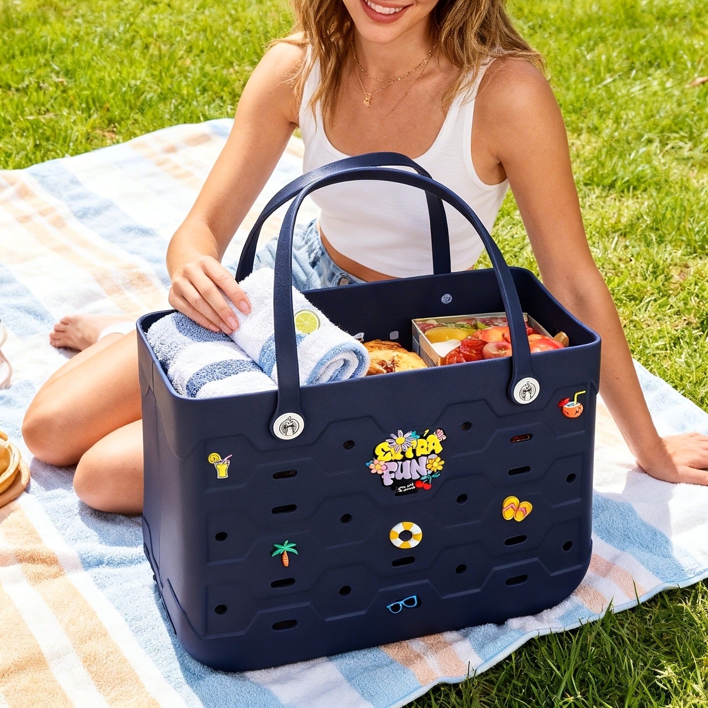 EVA Beach Bag for Women with Drainage Holes Waterproof Tote Bag Summer Outdoor Camping Shopping Travel Bag with Cute Decorations Multiple Colors S M L
