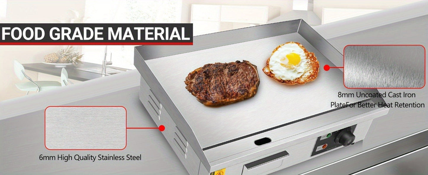 Flat Top Griddle 22 Inch 1600W Electric Countertop Teppanyaki Grill Non-Stick Stainless Steel Commercial Restaurant Griddle Adjustable Temp 50-300°C