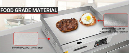 Flat Top Griddle 22 Inch 1600W Electric Countertop Teppanyaki Grill Non-Stick Stainless Steel Commercial Restaurant Griddle Adjustable Temp 50-300°C