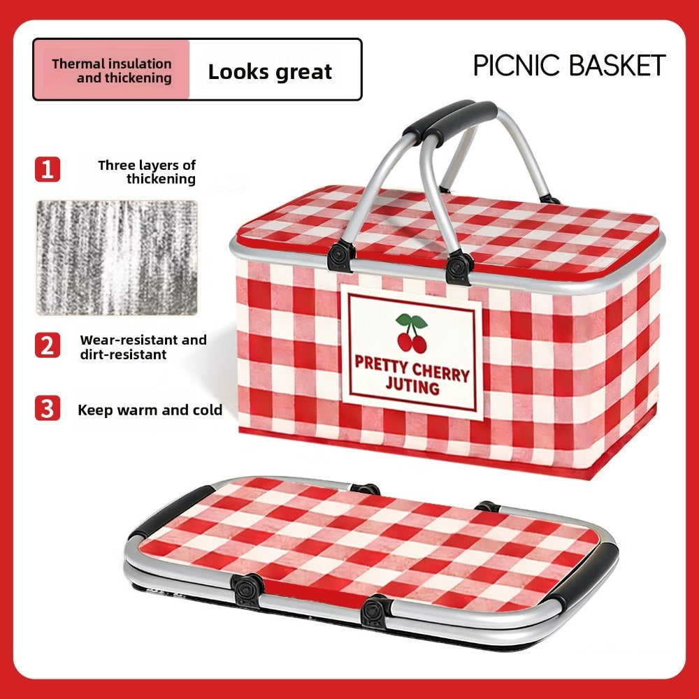 Aluminum-Frame Picnic Basket in Four Exact Fried-Egg, Kitten, Rabbit and Cherry Pattern Options