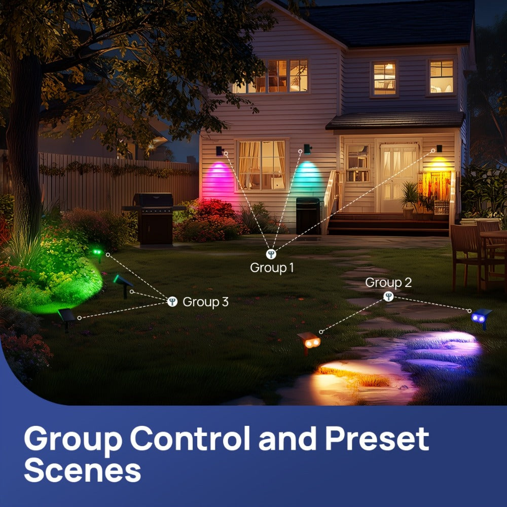 Solar Outdoor Spotlights RGB Smart Color Changing – App & Voice Control, Music Sync, 16M Colors, 14H Battery, Waterproof Landscape Accent Lights | 4 & 6 Pack