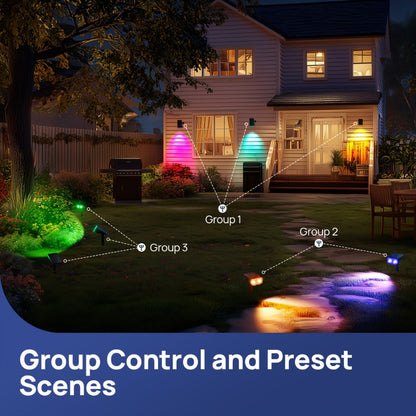 Solar Outdoor Spotlights RGB Smart Color Changing – App & Voice Control, Music Sync, 16M Colors, 14H Battery, Waterproof Landscape Accent Lights | 4 & 6 Pack