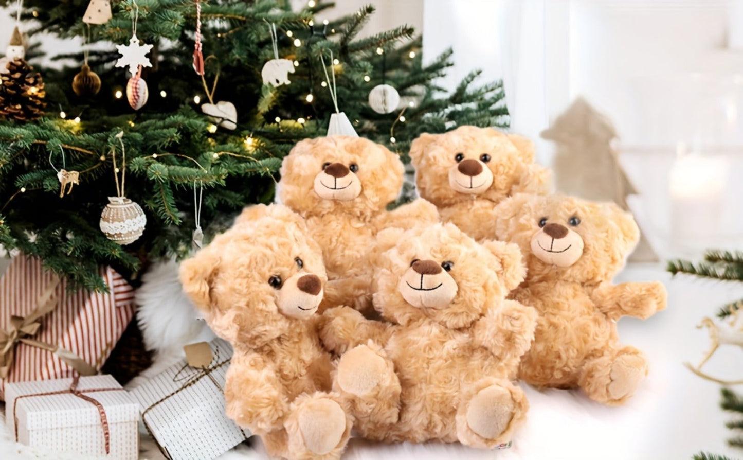 Five-Piece 8-Inch Shaggy Teddy Bear Set with Beige Plush Finish for Party Favors and Gift Bags