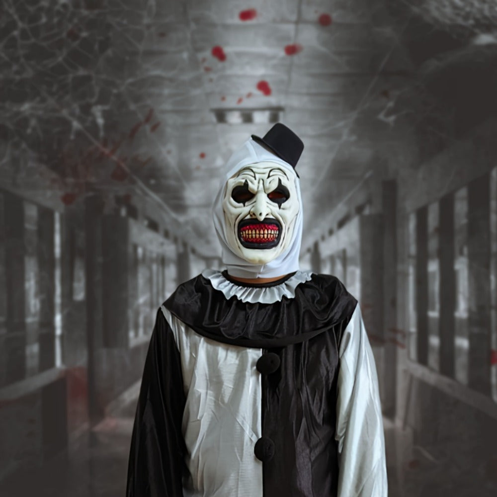 White Horror Clown Costume Mask with Full-Head Latex-Style Hood, Red Teeth and Attached Black Hat