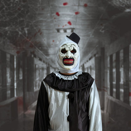 White Horror Clown Costume Mask with Full-Head Latex-Style Hood, Red Teeth and Attached Black Hat