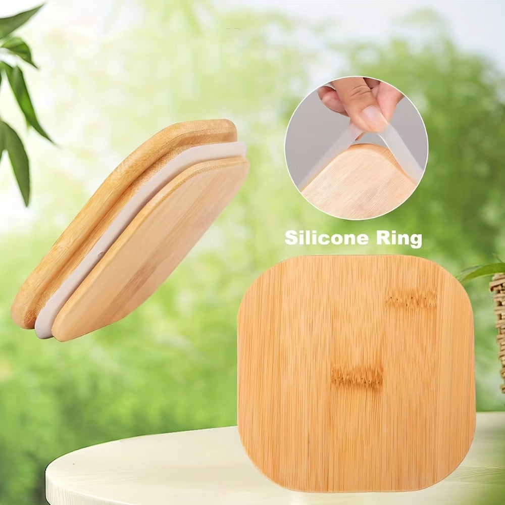 Six-Piece 37 oz Glass Storage Jar Set with Tall Clear Bodies, Square Bamboo-Look Lids and Silicone Rings