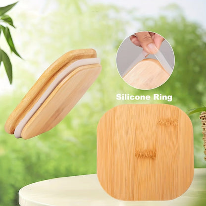 Six-Piece 37 oz Glass Storage Jar Set with Tall Clear Bodies, Square Bamboo-Look Lids and Silicone Rings