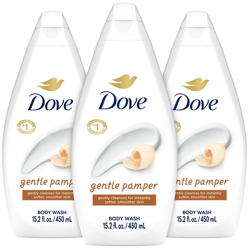 Three-Pack Dove Gentle Pamper Body Wash with 450ml Flip-Cap Bottles and Matching Front Labels