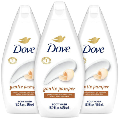 Three-Pack Dove Gentle Pamper Body Wash with 450ml Flip-Cap Bottles and Matching Front Labels