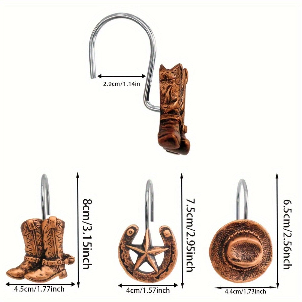 12-Piece Western Shower Curtain Hook Set with Boot, Star and Hat Motifs in Two Finish Options