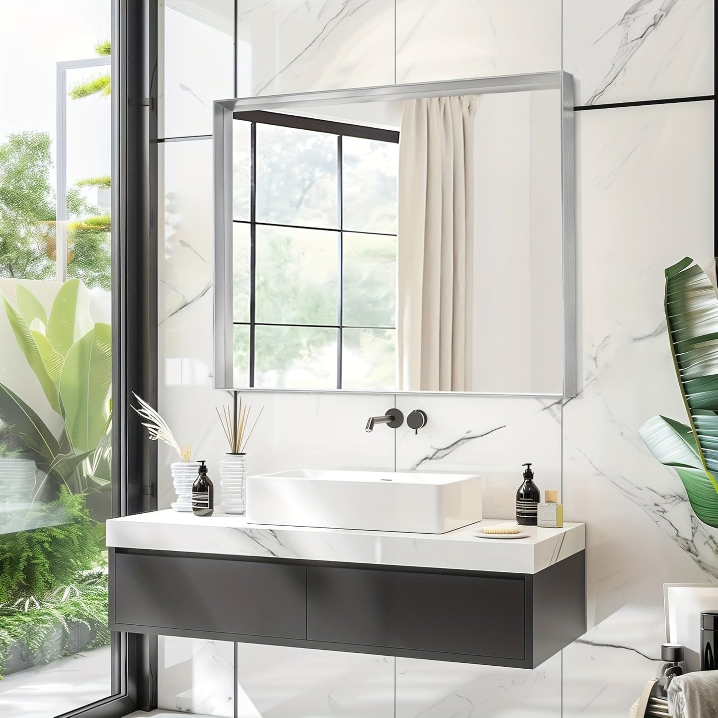 Bathroom Vanity Mirror Wall Mounted Metal Frame Rectangle – Anti-Rust Farmhouse Mirror in Matte Black, Gold & Silver, Multiple Sizes, Horizontal or Vertical Hang