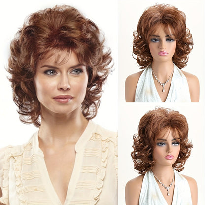 Short Curly Wig with Slanted Bangs 14 Inch Heat Resistant Synthetic Rose Net Cap Grey Mixed Dark Brown Light Brown for Women Daily Wear Halloween Festivals Cosplay