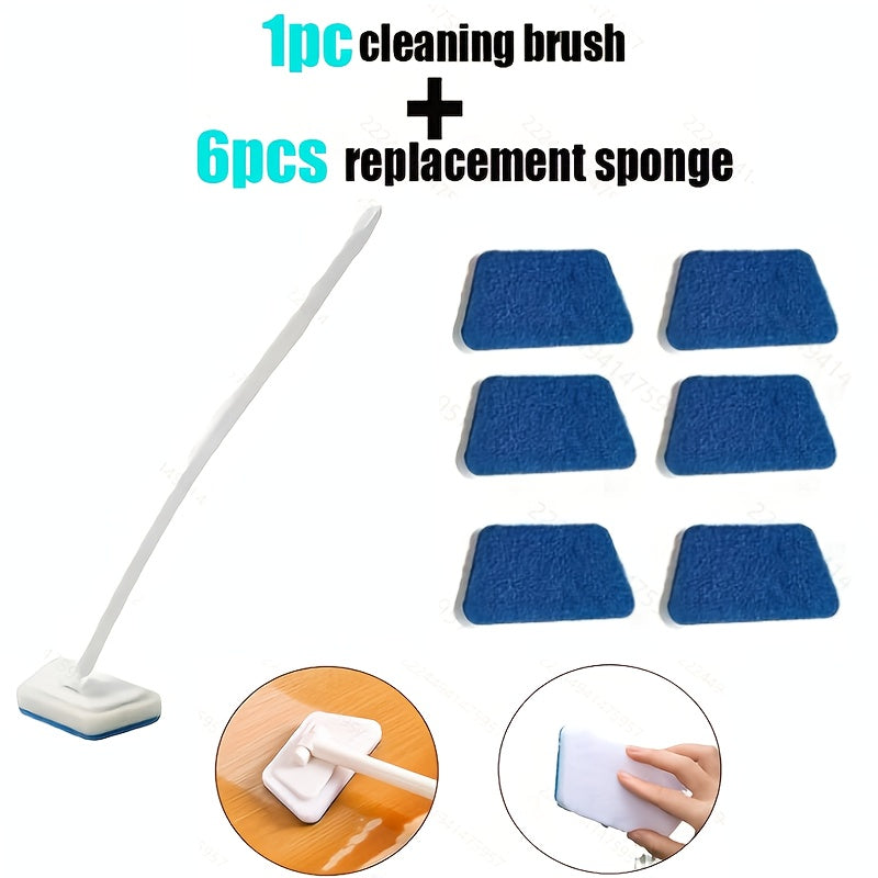 Long Handle Sponge Brush Set with Replaceable Heads for Kitchen Bathroom Tile Bathtub Cleaning – 1 Handle + 6/10/15 Brush Heads, Thickened Durable Scrubber