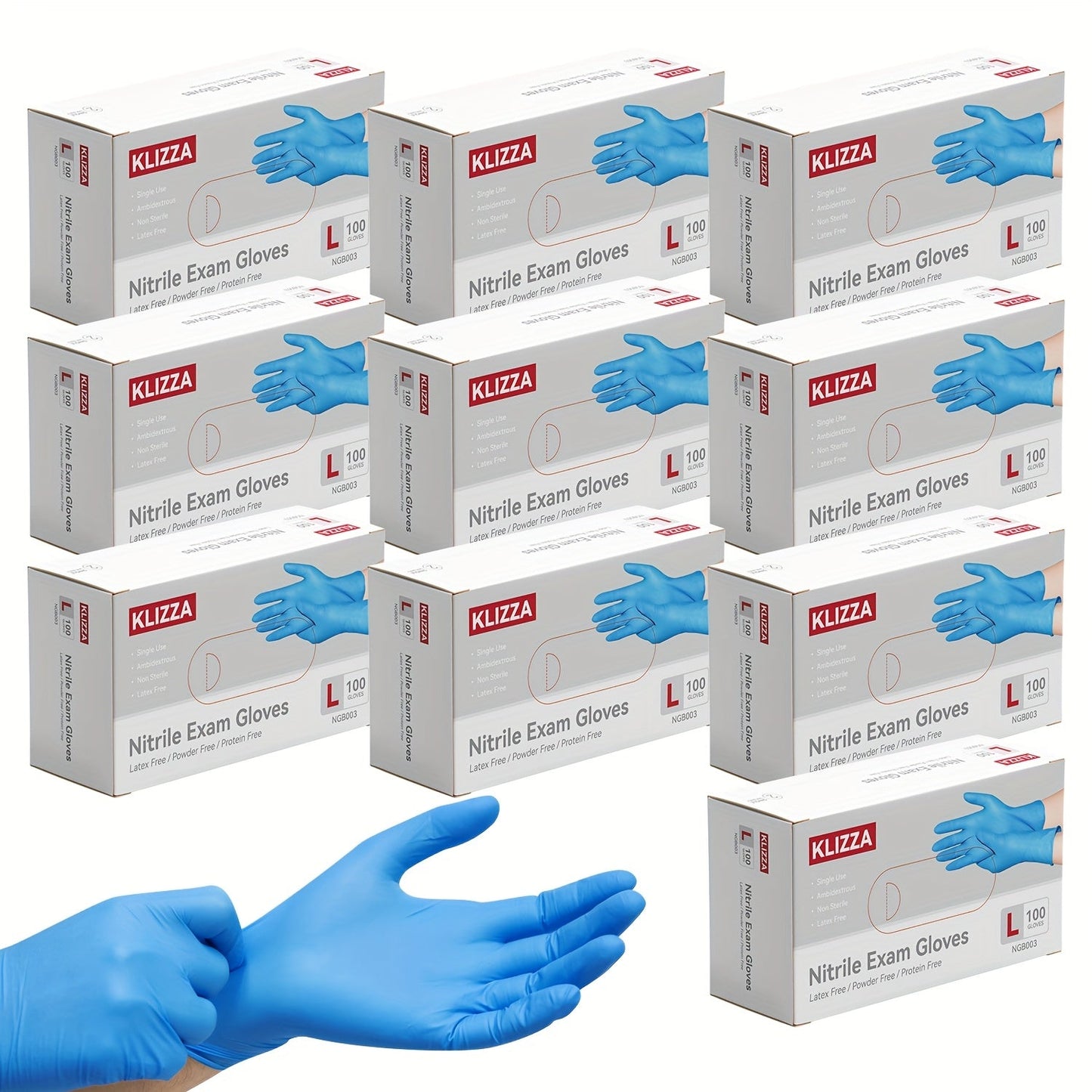 KLIZZA Blue Nitrile Disposable Gloves in 1000-Count Ten-Box Cases with Four Size Options from S to XL