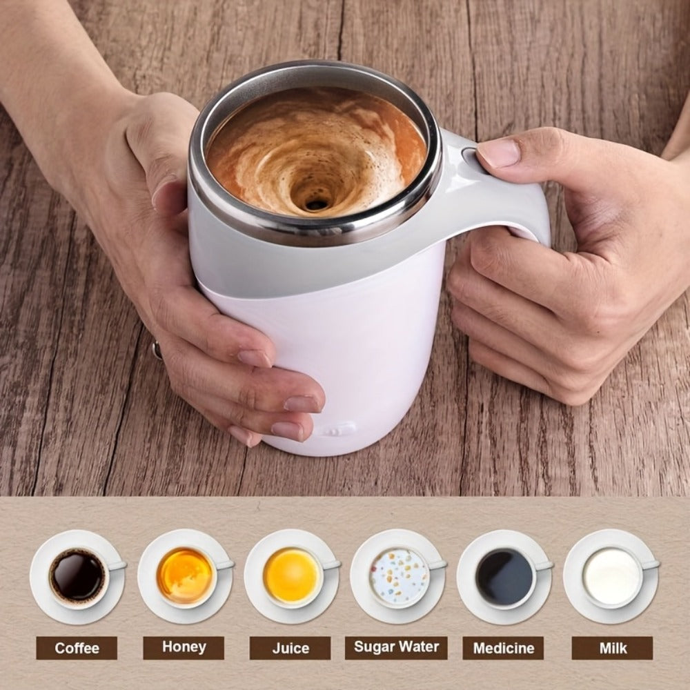 White Self-Stirring Coffee Mug with Magnetic Mixing Piece, Side Button, Lid and 250ml Marking