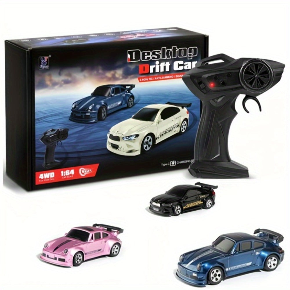 Mini RC Drift Sports Car 1:64 Scale with 4WD Layout, LED Details, Remote Controller and Two Color Options
