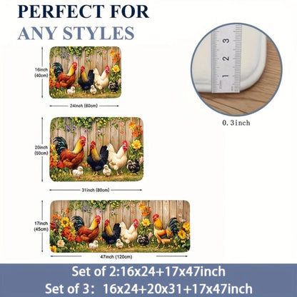 Rooster Farmhouse Kitchen Rugs in Round, Runner and 1- to 4-Piece Mat Set Size Options for Floors