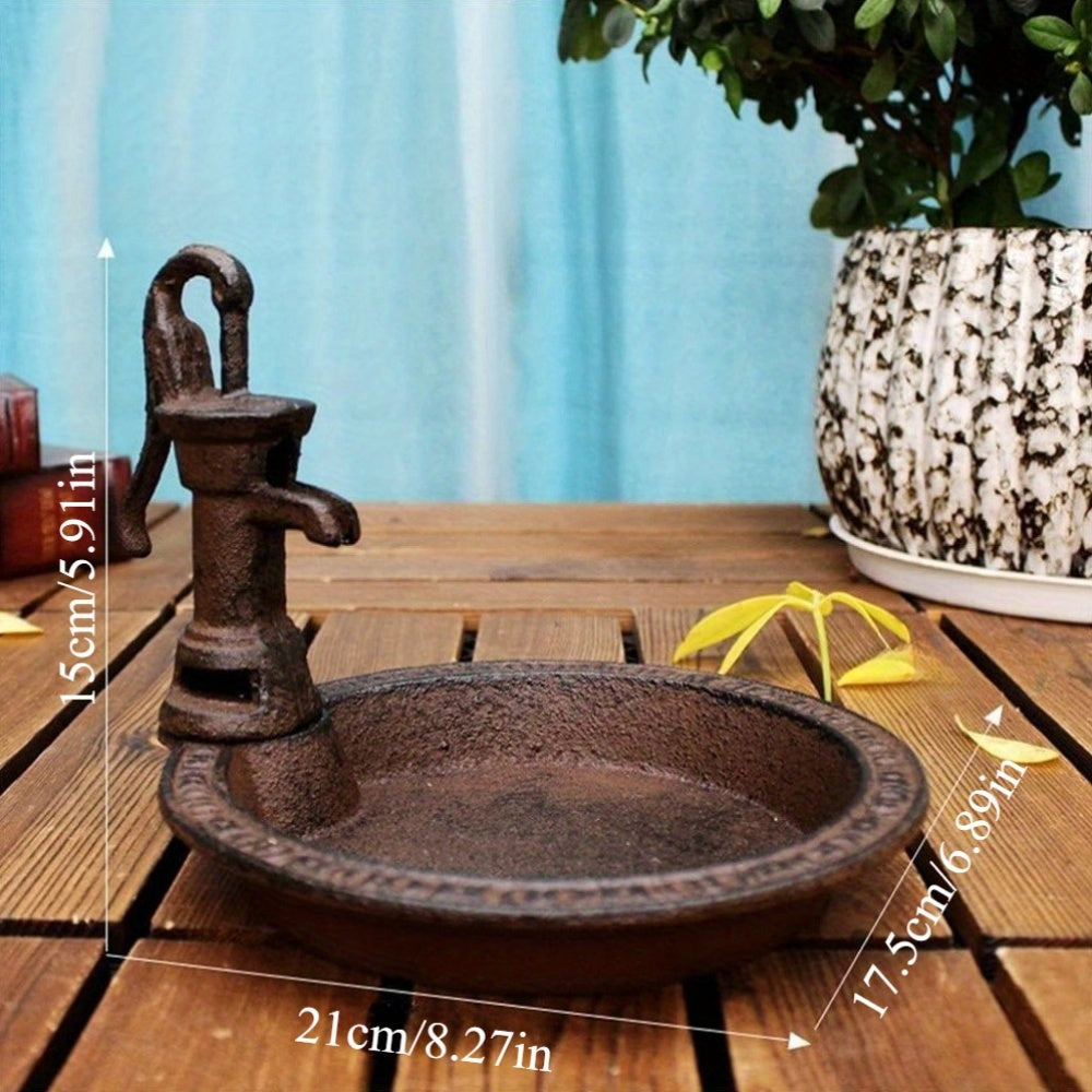 Rust-Tone Cast Iron Hand Pump Decorative Tray with 8.27-Inch Basin for Patio and Tabletop Display