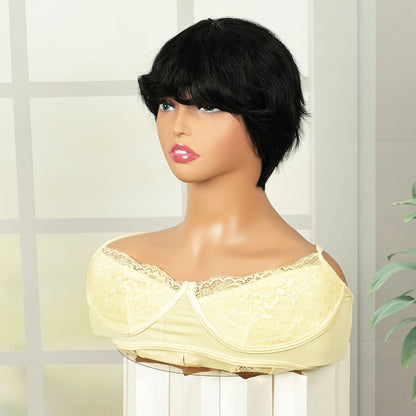 Pixie Bob Human Hair Wig with Bangs, Natural Black Full-Cap Hair Style and Short 8-Inch Length
