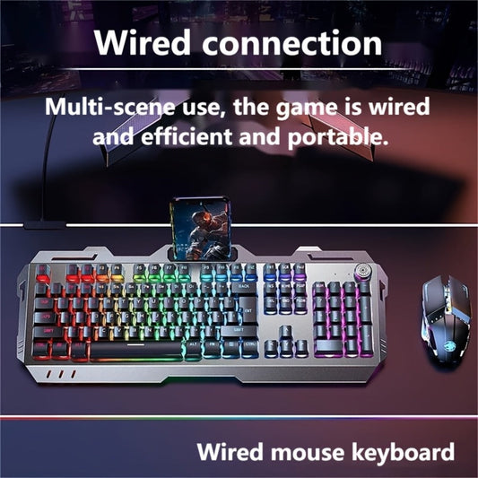 Gaming Keyboard Wired 104 Keys Full Metal Panel – LED Color Backlight, Multimedia Knob, Faux Mechanical Feel, USB, Ergonomic Design with Phone Holder | Keyboard or Keyboard & Mouse Combo