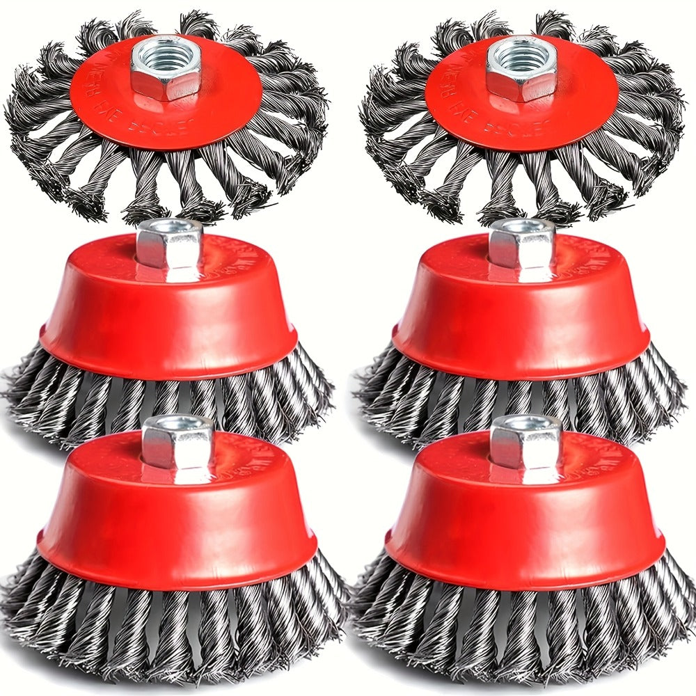 Two-Piece Four-Inch Twisted Wire Cup Brush Set for Angle Grinders, Rust Removal and Weld Cleaning