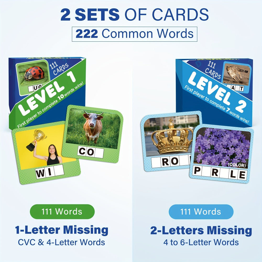Spelling Word Game with 224 Picture Flash Cards, 208 Wooden Letter Tiles and Two Dice for Ages Four Plus