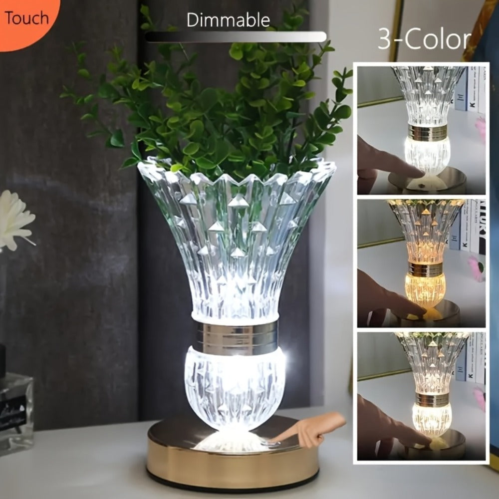 Table Lamp with Crystal Vase Shade, Touch Dimming, USB Rechargeable Power and One or Two-Lamp Options