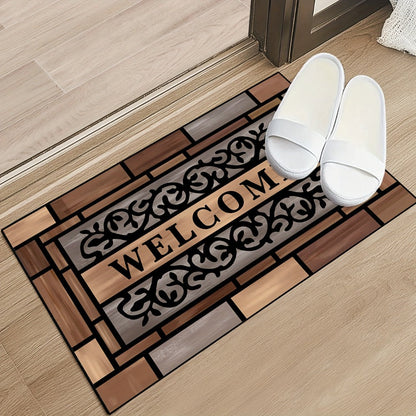 Welcome Doormat Wood Pattern - Non-Slip Entrance Mat with Polypropylene Backing | Indoor Outdoor Floor Mat for Front Door, Entryway & Home Decor | Durable Anti-Slip Door Rug in 2 Sizes