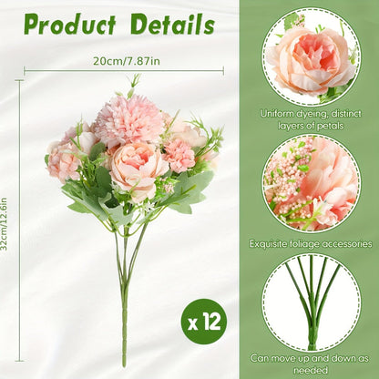 Artificial Flowers 12-Bundle Peony and Hydrangea Bouquet Set in Five Colors for Wedding Decor