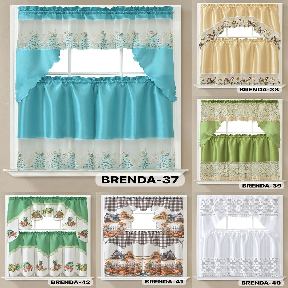 Three-Piece Patterned Kitchen Curtain Set with One Valance, Two Tiers and Forty-Six Exact Design Options