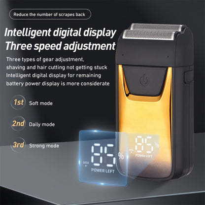 Golden-and-Black Electric Foil Shaver with Rectangular Head, Front Display and Charging Stand