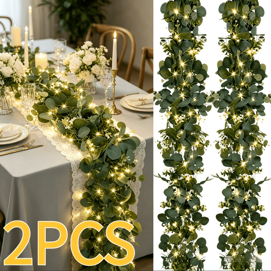Lighted Eucalyptus Wreath Garland 6FT LED 2 Pack - Artificial Green Vine with Lights for Wedding Centerpiece