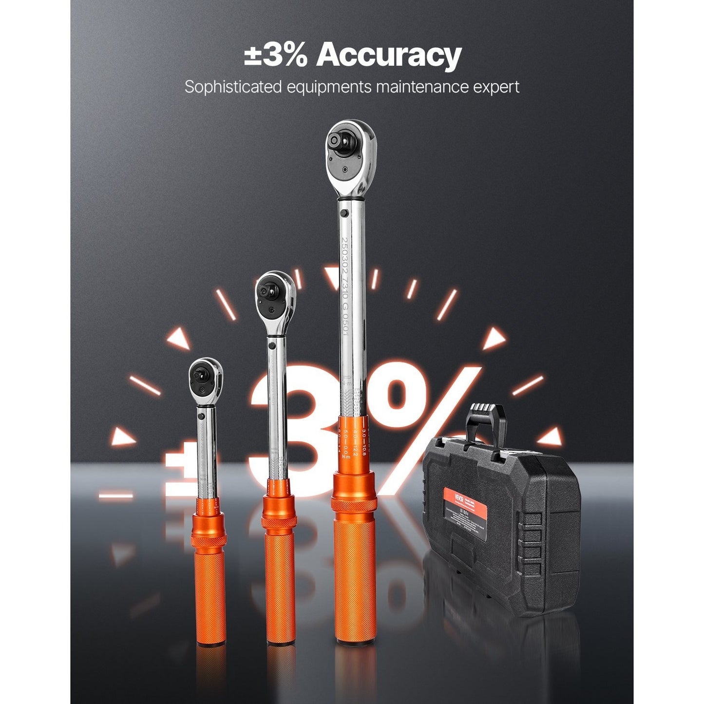 Click Torque Wrench Set 3-Piece - 1/4 3/8 1/2 Inch Drive, Dual-Direction 72-Tooth Reversible Ratchet, ±3% Accuracy with Calibration Certificate, Alloy Steel, Laser-Etched Scale, Heavy-Duty Tool Case