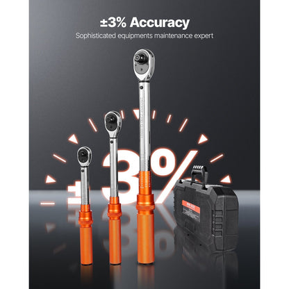 Click Torque Wrench Set 3-Piece - 1/4 3/8 1/2 Inch Drive, Dual-Direction 72-Tooth Reversible Ratchet, ±3% Accuracy with Calibration Certificate, Alloy Steel, Laser-Etched Scale, Heavy-Duty Tool Case