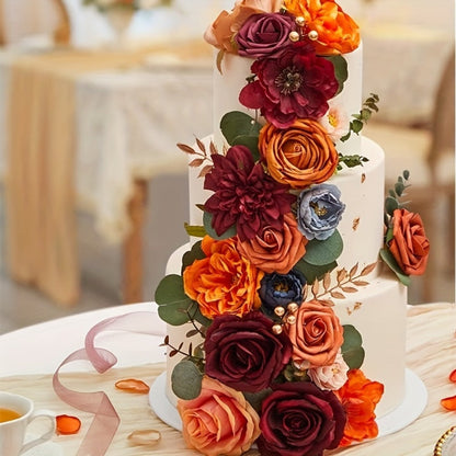 Artificial Flowers Bouquet Set – Foam Roses for Wedding, Fall Halloween Valentine's Day Table Decor, Orange Wine Red Blue