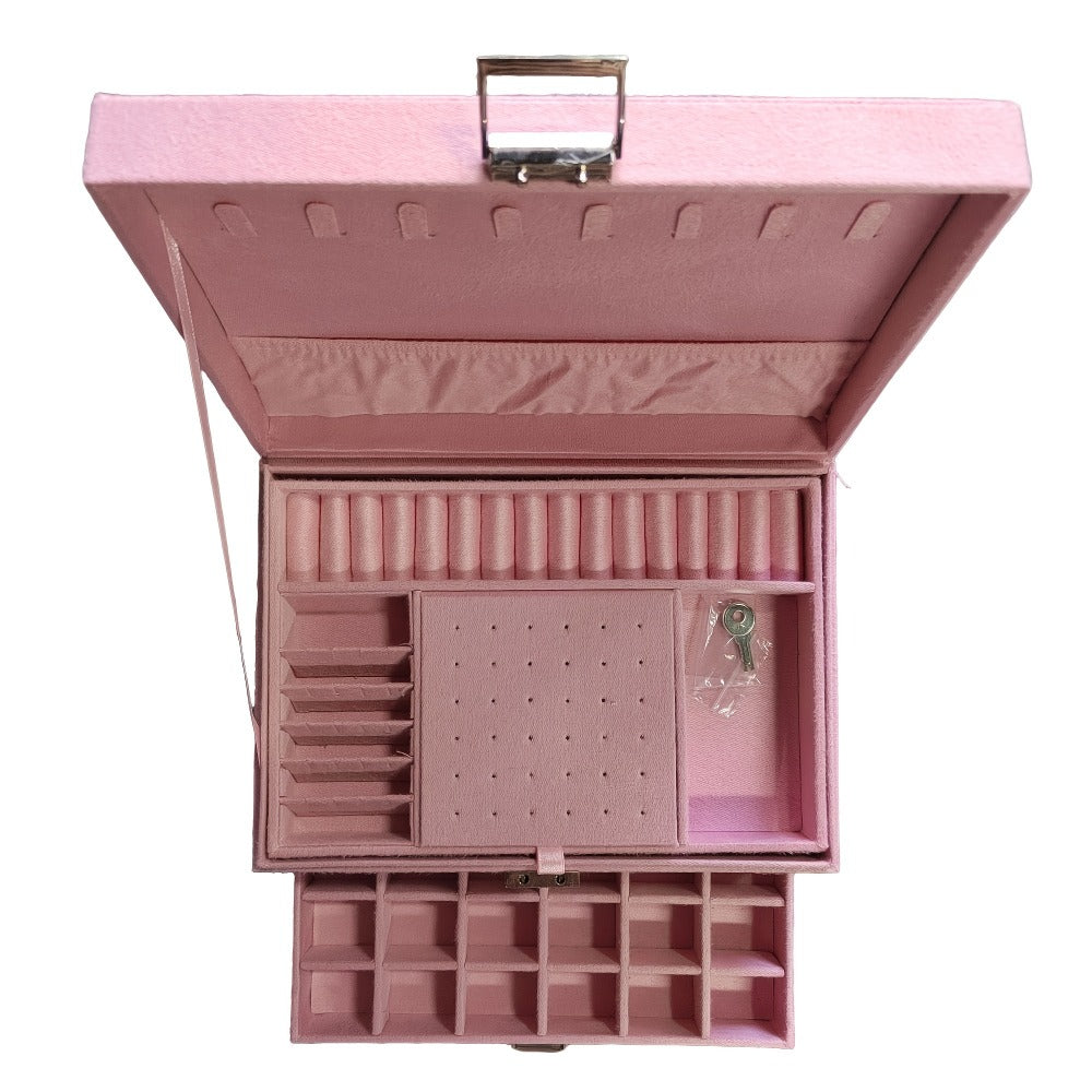 Jewelry Organizer Velvet-Lined Box with Key-Lock Closure and Drawers in Green, Pink or Black