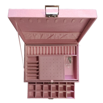 Jewelry Organizer Velvet-Lined Box with Key-Lock Closure and Drawers in Green, Pink or Black