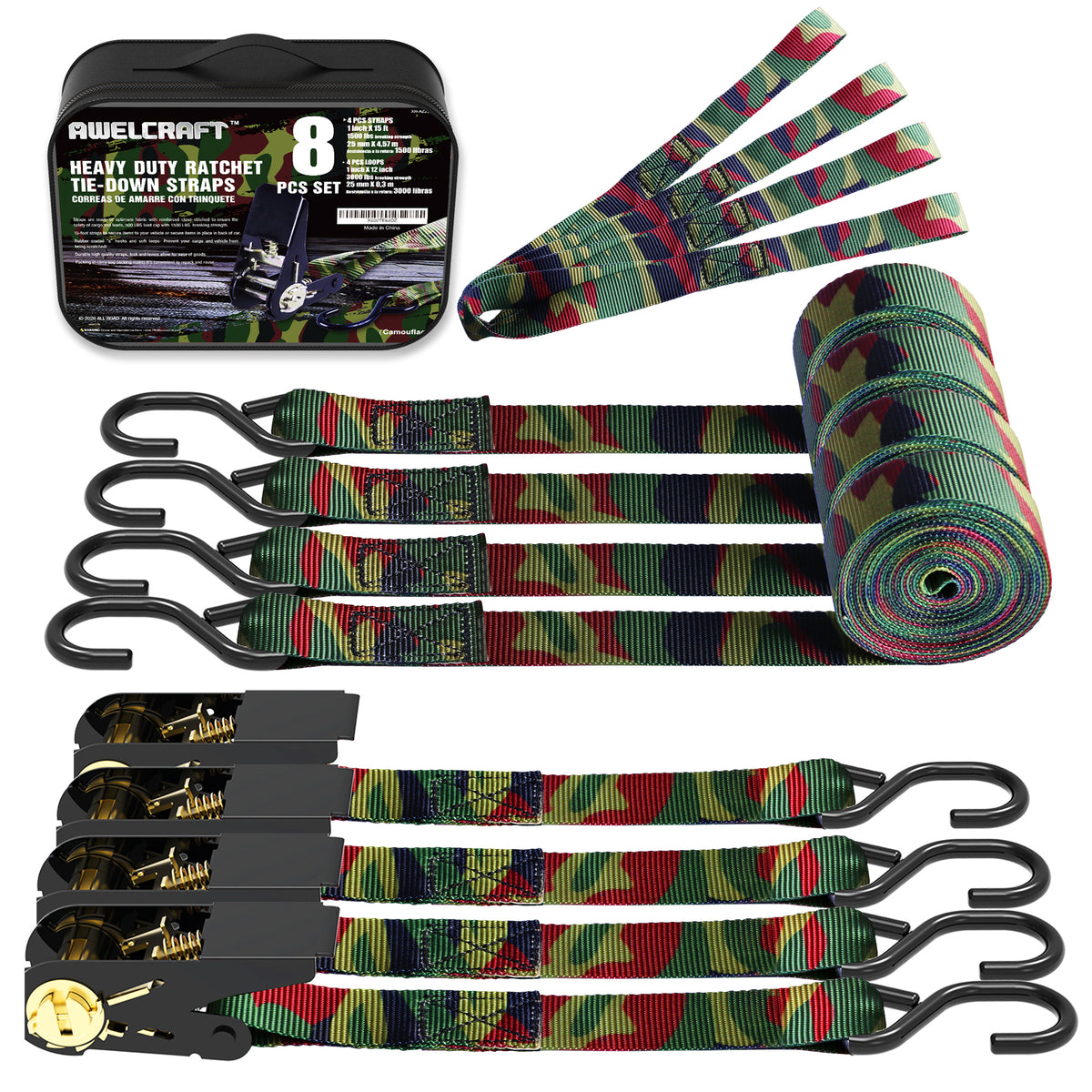 Ratchet Tie Down Straps 4-Pack 15FT 1,500 lb Break Strength Heavy Duty with Soft Loops & Storage Bag – High-Visibility Webbing for Motorcycle ATV Kayak Truck Bed Trailer Roof Rack