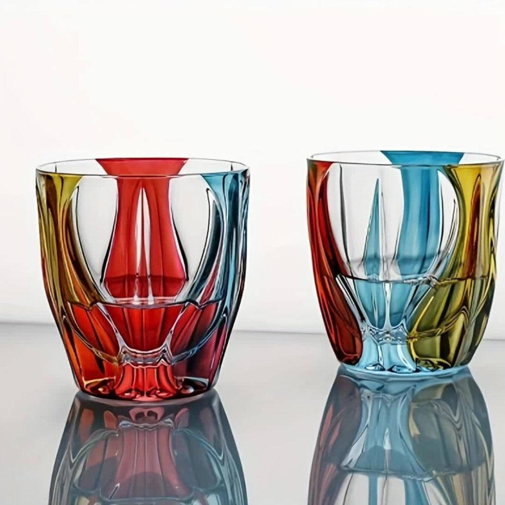 Three-Color Painted Short Drinking Glass with 150 ml Capacity, 3.74-Inch Height and Sculpted Base