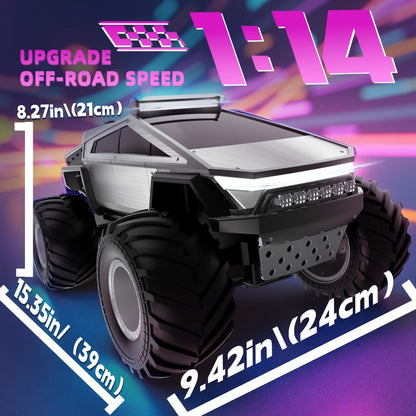 Remote Control Car, Cybertruck-Style 1:14 and 1:18 Pickup Models with 2.4GHz Control, LEDs and Spray Effect