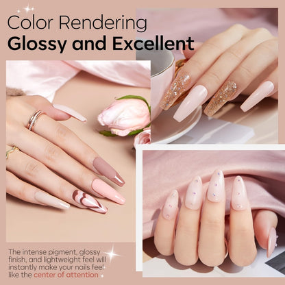 Dip Powder Nail Kit with YANYILIKE Label, Four Nude Gold Glitter Powders, Three 10ml Liquids and Four Tools