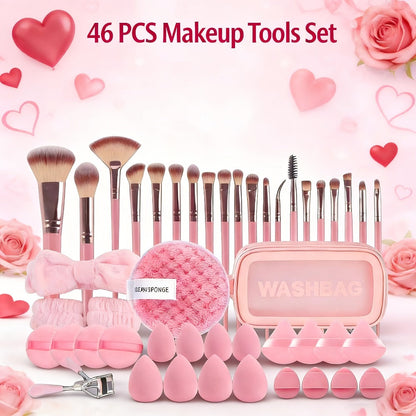 Makeup Brush Set, 46-Piece Nylon Bristle and ABS Handle Kit with Triangle Puff, Foundation Puff and Face-Eye Tools