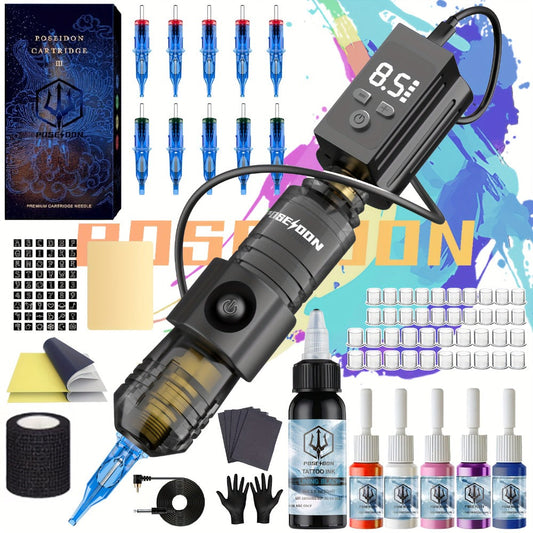 POSEIDON BT17 Wireless Tattoo Pen Kit 1200mAh Battery LCD Display with 10 Cartridge Needles 6 Inks Practice Skin & Complete Tattoo Supplies – Rotary Machine Set for Beginners & Artists